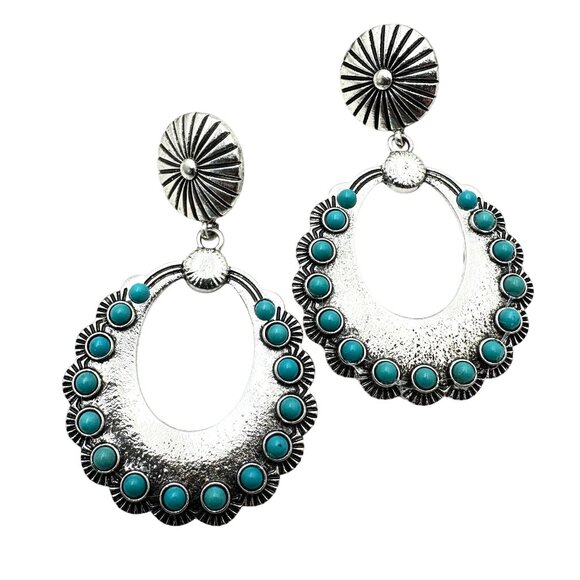 Western Style Silver Tone Chandelier Pierced Earrings Blue Faux Turquoise 2.5" - Picture 1 of 5
